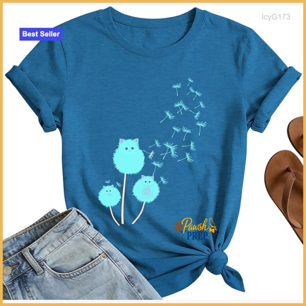 Ultra-Soft Dandelion Cat Graphic Tee, Relaxed Fit Short Sleeve Top